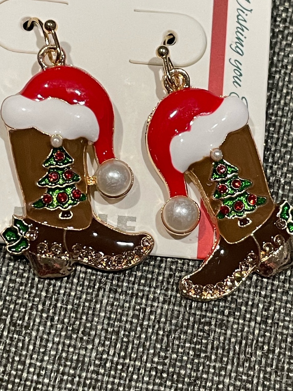 Holiday Cowboy Boot Earrings with Red Santa Hat Accents